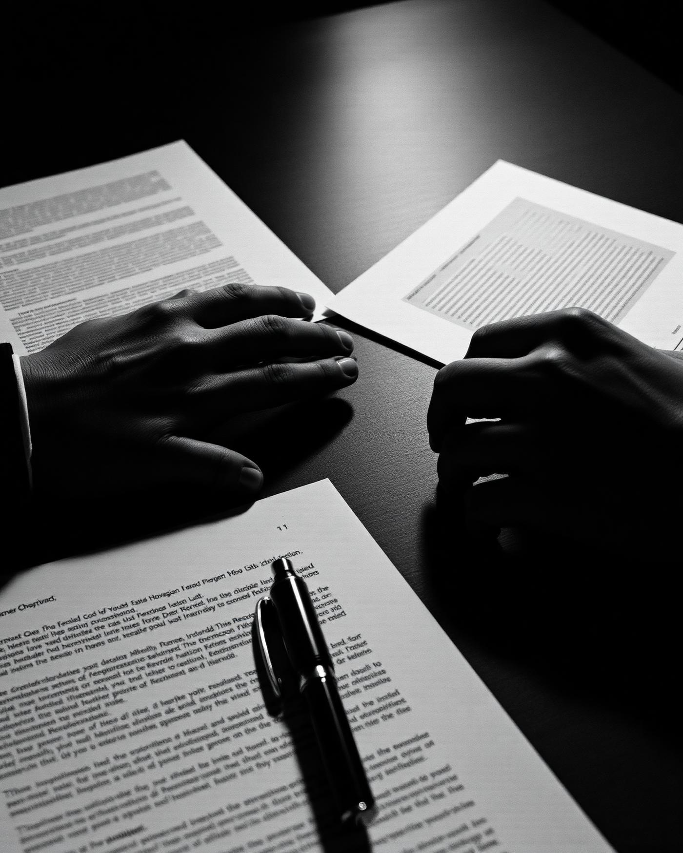 Dettaglio di un tavolo di lavoro con documenti non leggibili
